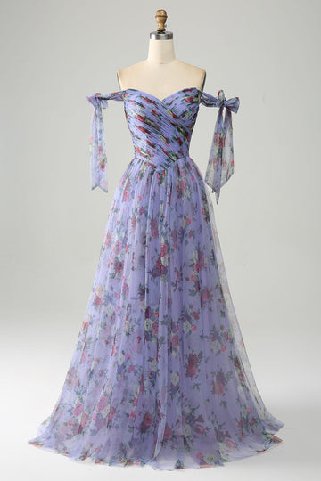 A-Line Lavanda Stampato Spalline Regolabili Abito Lungo Prom